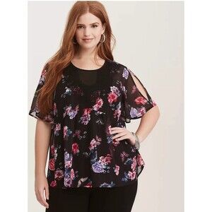 Torrid Multi Color Floral Print Chiffon Lace Trim Sheer Top Size 1 1X HW9432